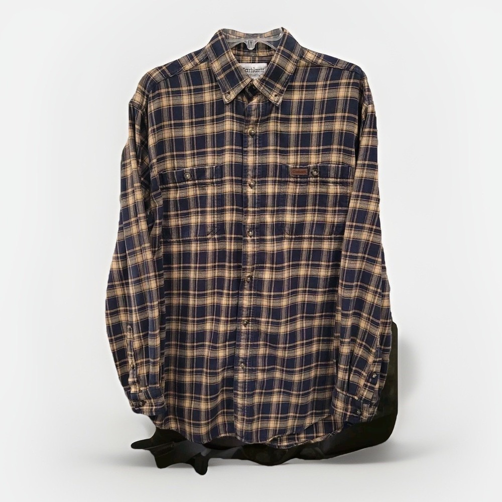 Carhartt Mens Plaid Flannel Button Down Shirt Navy Blue‎ Tan Cotton Size M